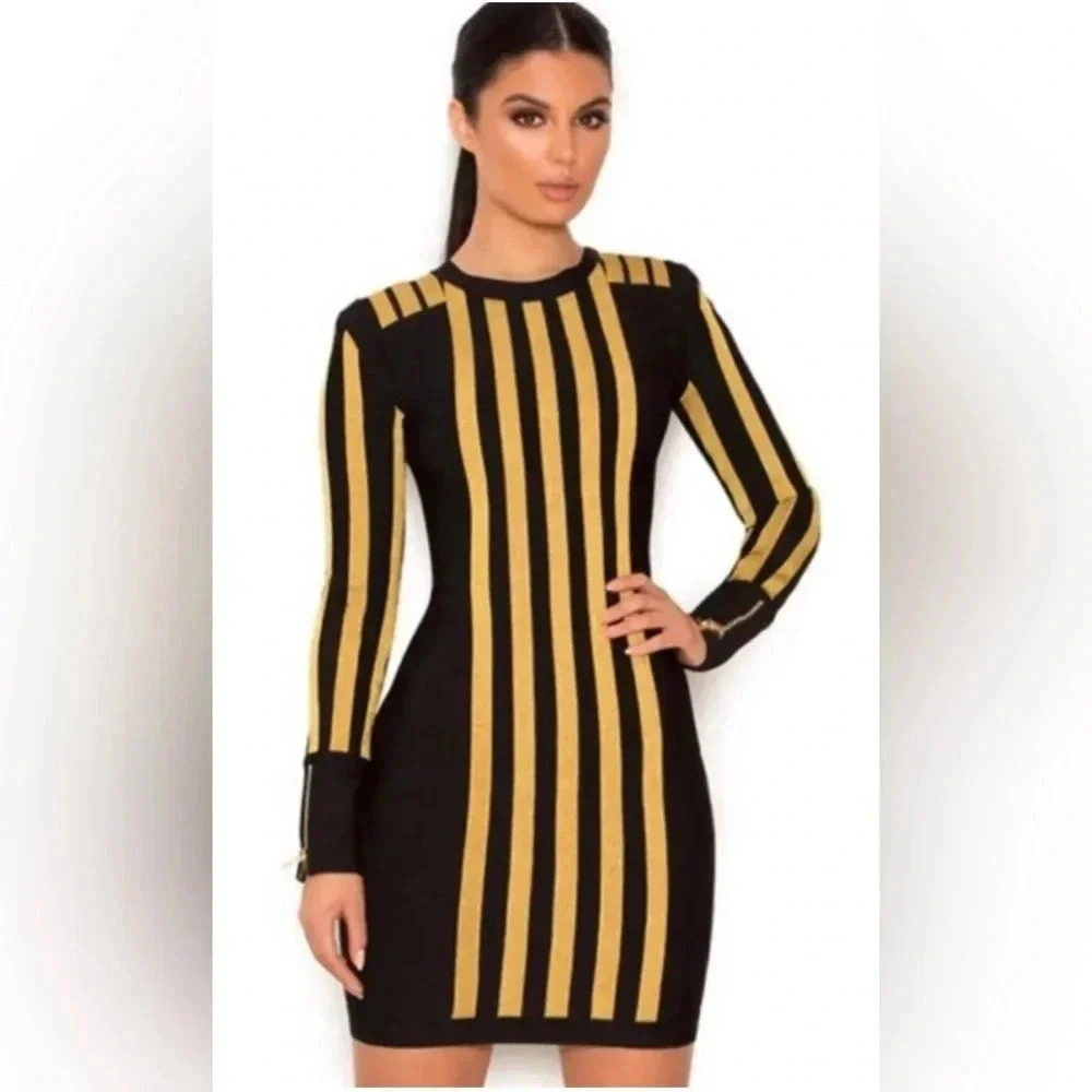 Woman HOUSE OF CB LONDON Black Gold Striped L/s Bondage Dress Sz Small Balthazar